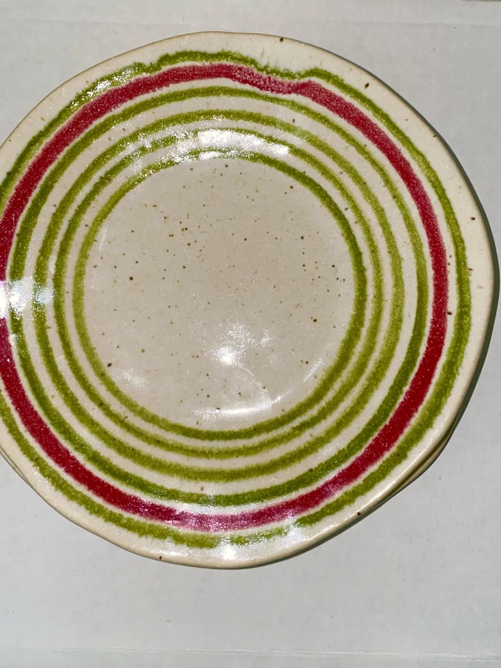 Crate & Barrel Handmade Ceramic Dinner/Salad Plate Cream, Green and Red Stripe 4